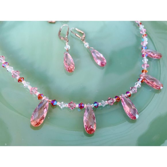 Sterling Silver Pink AB Glass Bead Necklace earrings Set - Picture 10 of 11